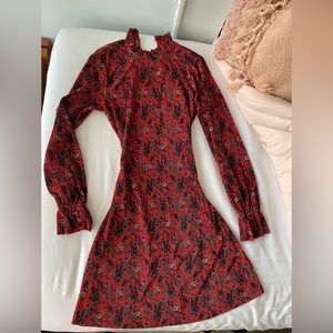 Red Floral Mock Neck Long Sleeve Plisse Dress